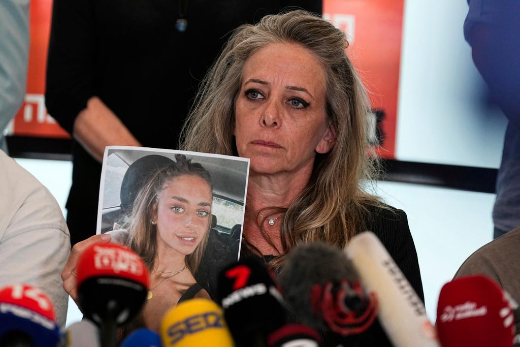 Keren, mother of Mia Schem and representatives of the families of the abducted and missing persons held by Hamas militants in Gaza hold a press conference following the release of a video by Hamas
