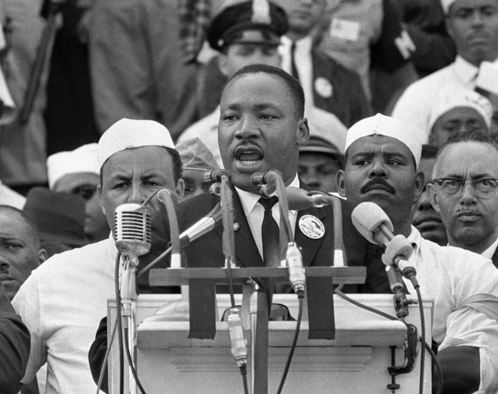 (1963) Dr. Martin Luther King Jr. addresses marchers during his "I Have a Dream" speech 