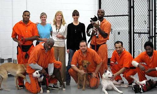 Group of inmates, dogs and women in jail