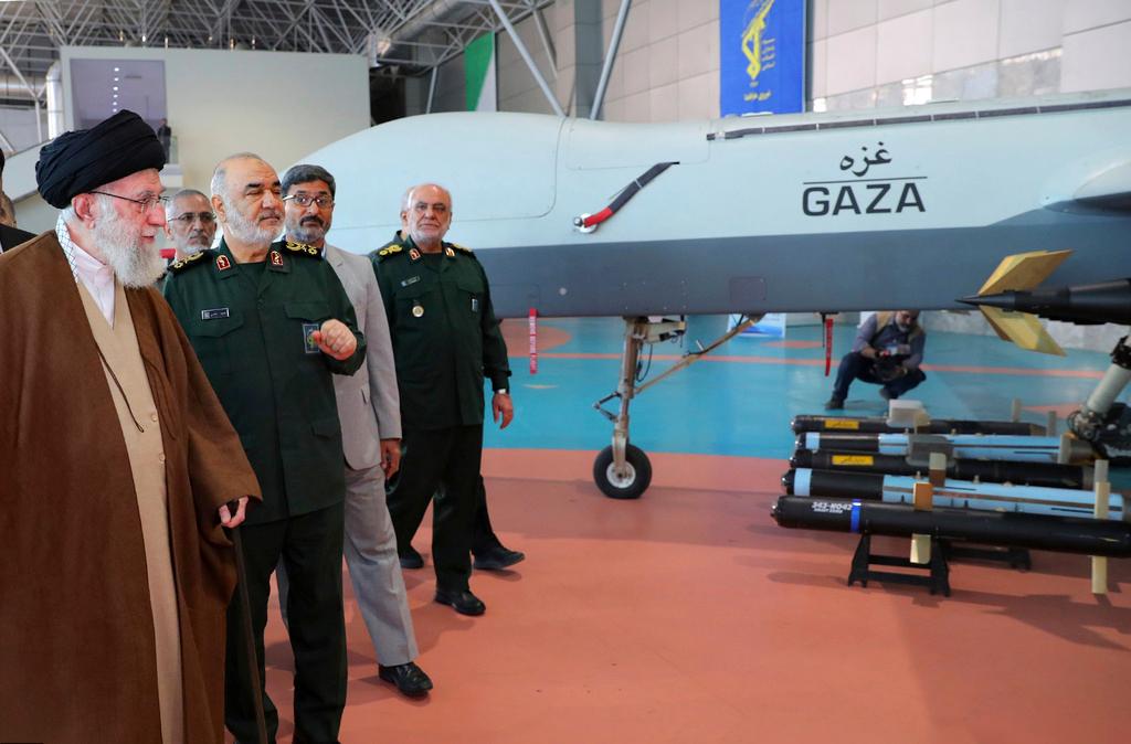 Iran's Supreme Leader Ayatollah Ali Khamenei inspects the Revolutionary Guard's aerospace drones