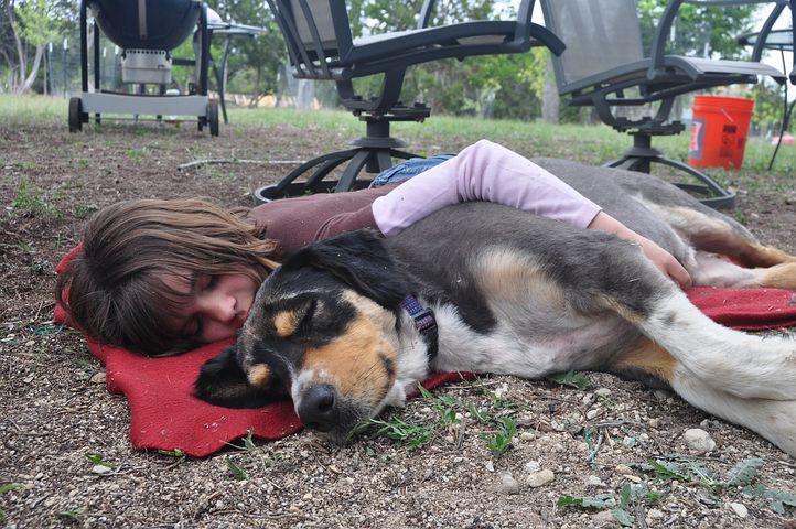 Girl and dog sleeping in a park