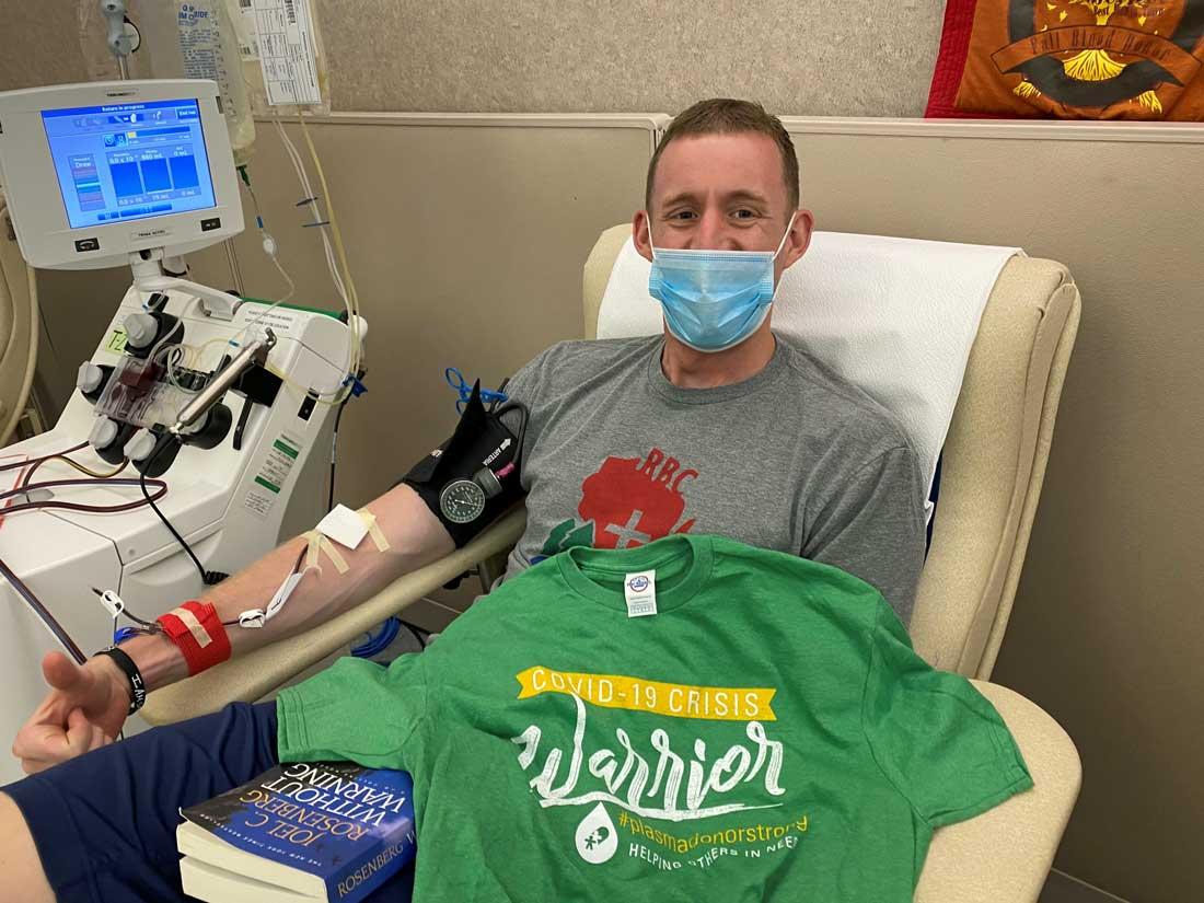 Adam is recognized as a COVID-19 Crisis Warrior by the Community Blood Center’s Convalescent Plasma program
