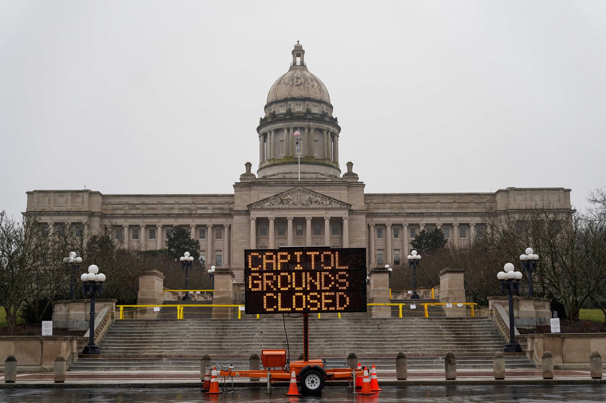 A sign displayed outside the Capitol building in Kentucky