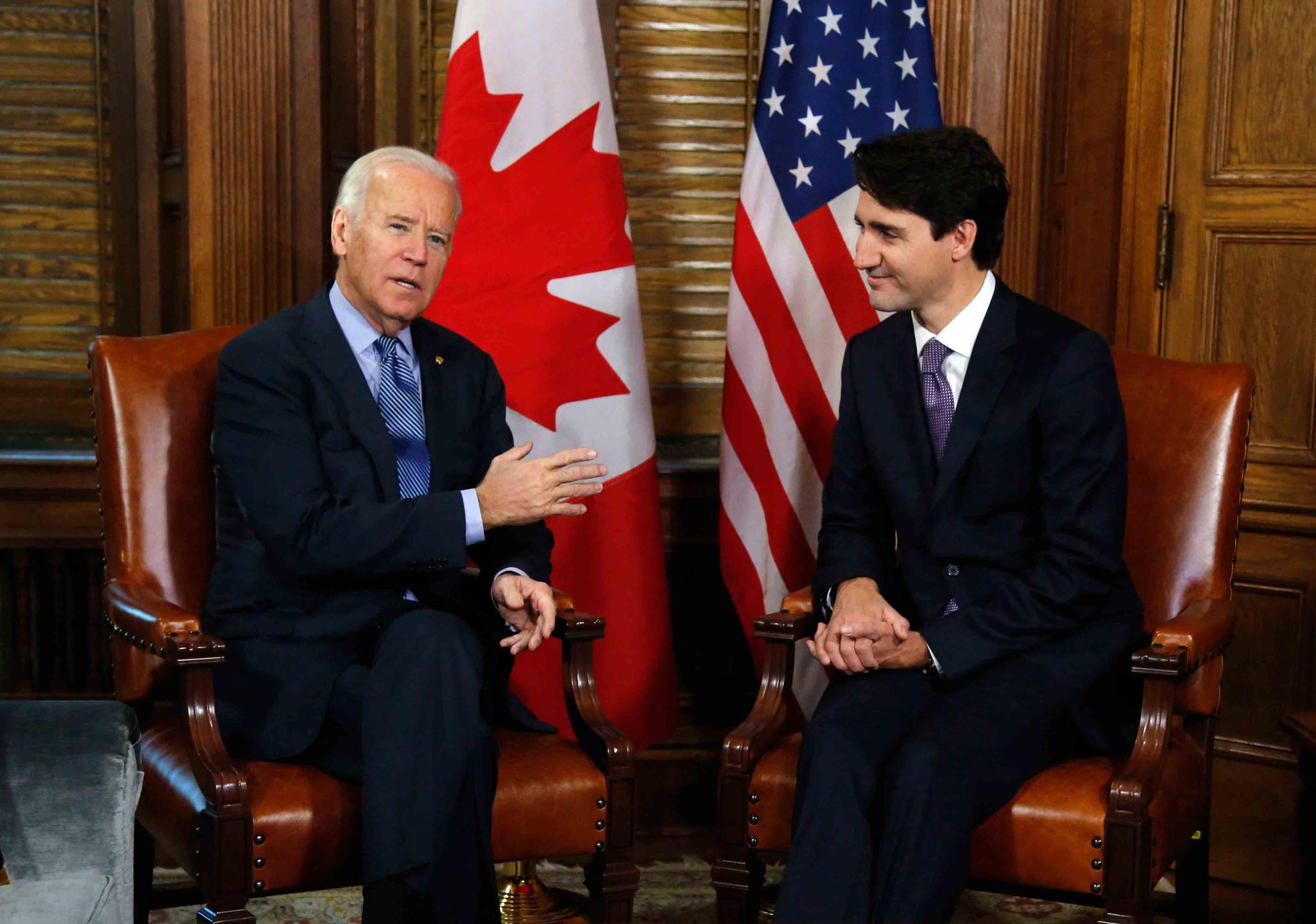  Canadian Prime Minister Justin Trudeau meets with then U.S. Vice President Joe Biden on Parliament Hill in Ottawa.