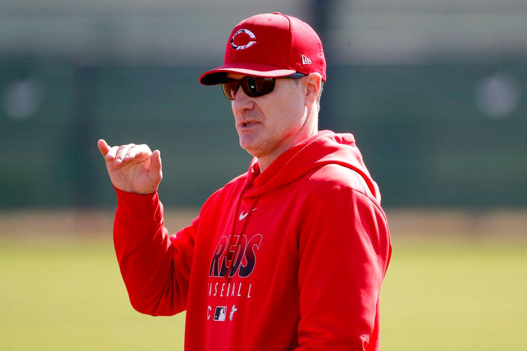 Cincinnati Reds manager David Bell talks during the teams' first spring training baseball workout in Goodyear, Ariz.