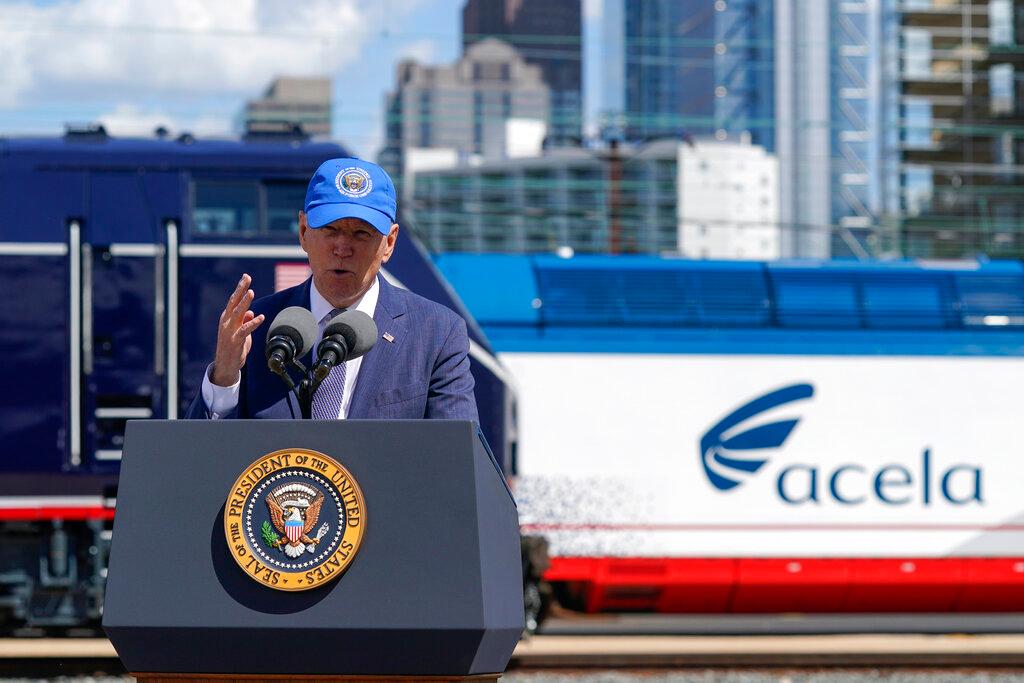 President Joe Biden speaks during an event to mark Amtrak???s 50th anniversary at 30th Street Station in Philadelphia, Friday, April 30, 2021.