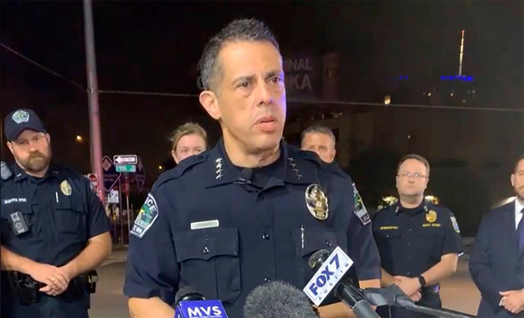 This photo provided by Austin Police Department shows Chief Chacon providing an update on overnight shootings in Austin, Texas, early Saturday, June 12, 2021. Chacon says gunfire erupted in a busy entertainment district downtown early Saturday injuring several.