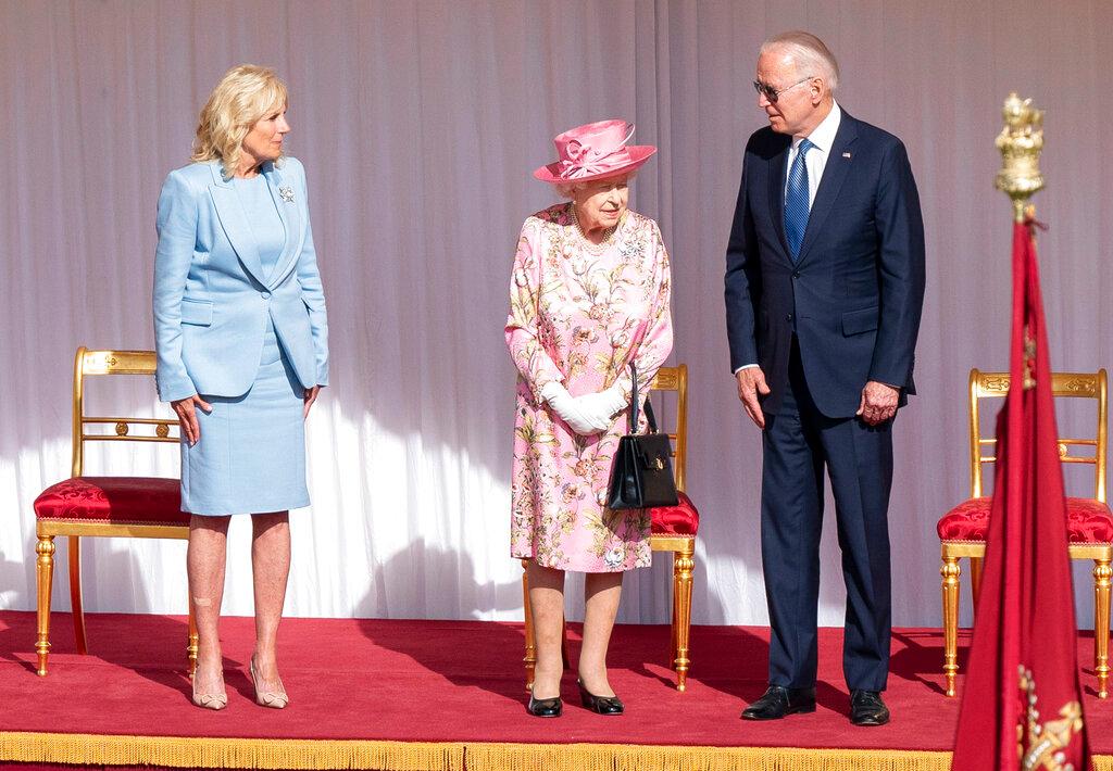 US President Joe Biden and First Lady Jill Biden with Britain's Queen Elizabeth II during a visit to Windsor Castle, in Windsor, England, Sunday June 13, 2021. The queen hosted President Joe Biden and First Lady Jill Biden at Windsor Castle, her royal residence near London. Biden flew to London after wrapping up his participation in a three-day summit of leaders of the world's wealthy democracies in Cornwall, in southwestern England.