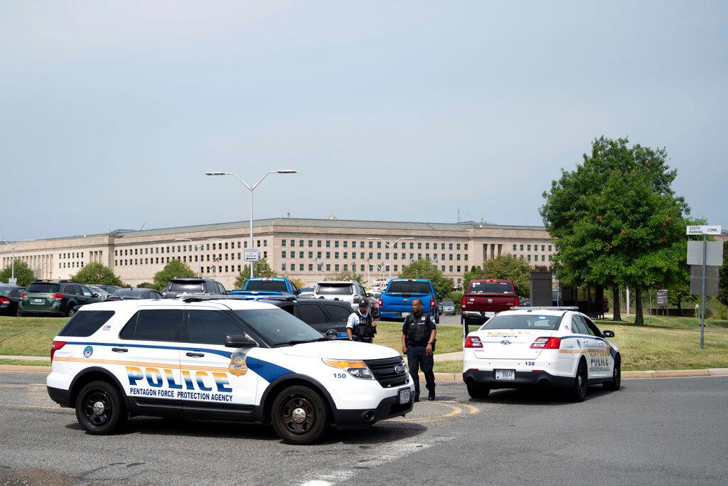 Police block off an entrance to the Pentagon