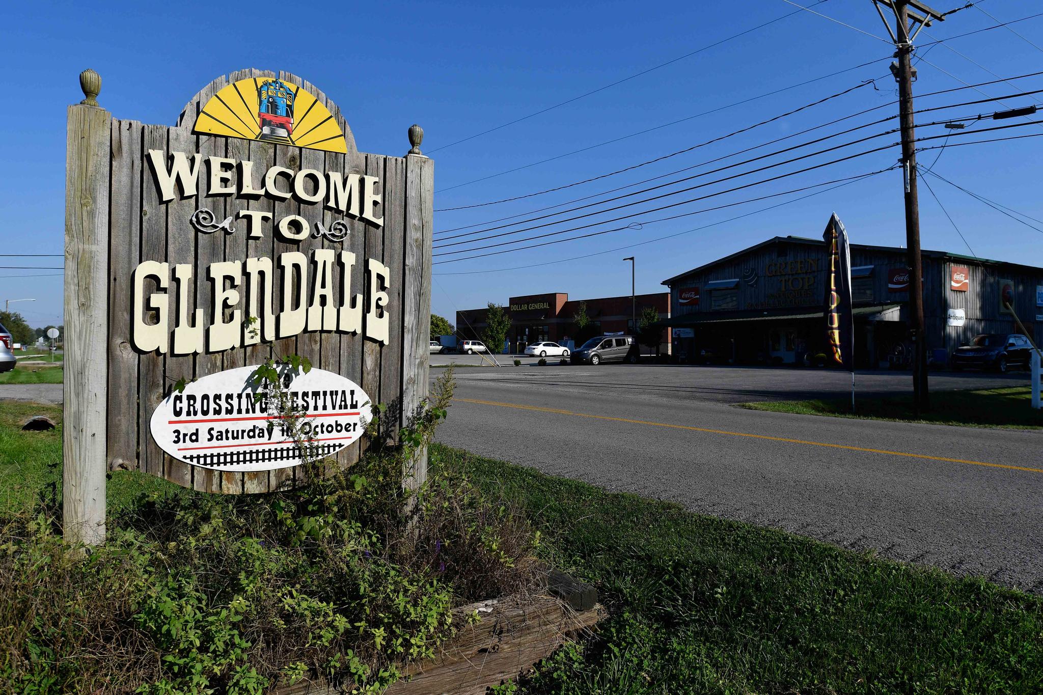 A sign welcomes visitors to the tiny town of Glendale, Ky., the site of a joint venture with Ford Motor Company and SK Innovation to create the $5.8 billion BlueOvalSK Battery Park in Glendale, Ky., Monday, Sept. 27, 2021.