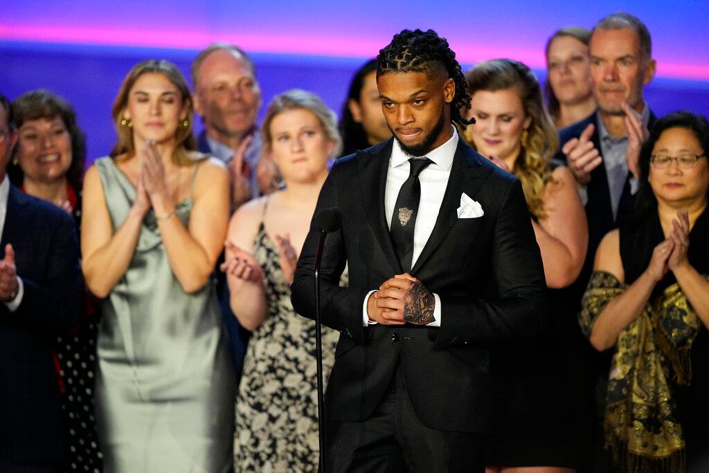 Damar Hamlin speaks in front of University of Cincinnati Medical Center staff during the NFL Honors award show ahead of the Super Bowl 57 football game
